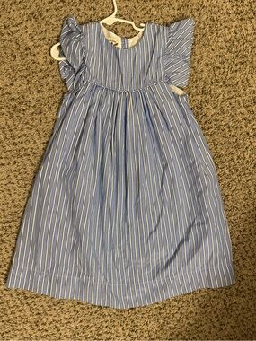 The Oaks Apparel Girls Striped Blue & White Flutter Sleeve Dress